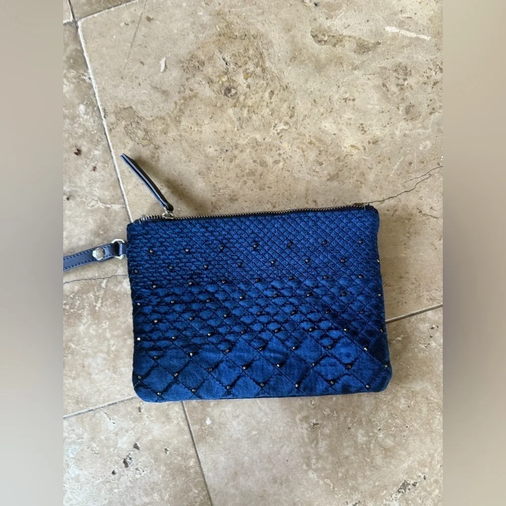 Velveteen, navy blue ladies wristlet new without tags NWOT silver studs on front
